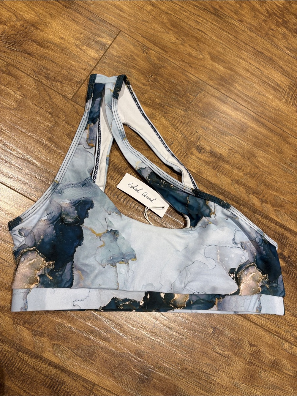 Edelman Qual Marble-Print one shoulder bikini top in Blue, White and brown